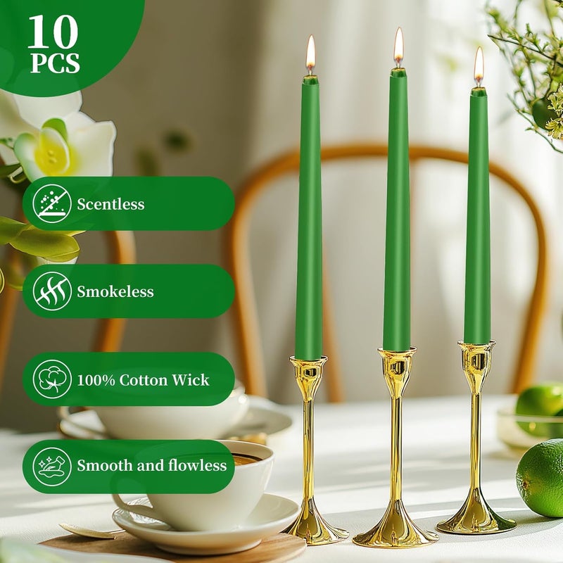 KONNI 0.87×10 Inch Green Taper Candles, Unscented and Smokeless Tall Candlesticks, 10 Pack Tapered Candles with Cotton Wicks, Long Burning, Ideal for Weddings, Dinner Parties, and Home Décor - Image 2